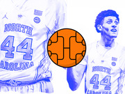 Editorial illustration showing a North Carolina basketball player wearing jersey number 44 in blue tint, with an orange basketball icon in the center.