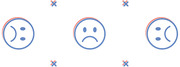 Three illustrated emoji-style faces showing different sad or neutral expressions, drawn with blue and red outlines on a white background with small X marks.