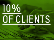 Green-tinted editorial graphic with large white text reading 10% of clients, overlaid on a photo of hands typing on a keyboard.