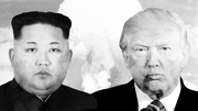 Black and white editorial illustration showing Kim Jong Un and Donald Trump facing each other with a nuclear mushroom cloud in the background.