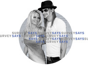 Editorial illustration showing a black-and-white celebrity couple photo in a circle with repeating Survey Says text overlay in gray and blue.