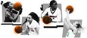 Editorial collage illustration of four women's college basketball players in grayscale with orange-highlighted basketballs, representing teams including Stanford, Louisville, and Oregon.