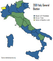 Choropleth map of Italy showing regional results of the 2001 Italy General Election, with regions colored by winning party: House of Freedoms, Olive Tree, or Valle d'Aosta List.