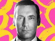 Black and white portrait of a man in a suit against a bright pink and yellow abstract brushstroke background.