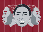 Editorial illustration showing a smiling woman's face from the front flanked by two side-profile views, rendered in grey and red tones on a striped crimson background.