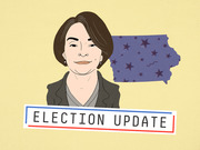 Editorial illustration of a female politician with a silhouette of Iowa state covered in stars and an Election Update banner.