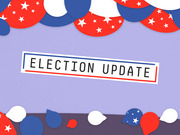 Decorative editorial illustration with red, white, and blue balloons and stars on a purple background with an Election Update label.