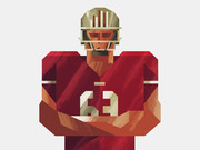Geometric stylized illustration of an American football player in a red jersey with number 63 and a gold helmet featuring a small bar chart motif.