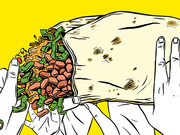 Comic-style illustration of two hands holding an overstuffed burrito with beans, cheese, and greens spilling out, on a yellow background.