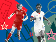 Editorial illustration showing two women's soccer players, one in England red kit number 8 and one in USA white kit number 19, against a colorful graphic background with stars and soccer field diagrams.