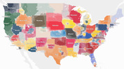 Choropleth map of the United States showing college football team fan territories by zip code, with each region colored by the dominant team.