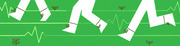 Stylized editorial illustration of white legs running on a green background with small plants and heartbeat-like lines.