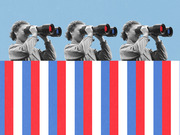 Editorial collage showing three repeated black-and-white images of a woman looking through binoculars with red and blue lenses, set against red, white, and blue vertical stripes.