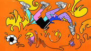 Colorful cartoon illustration of a soccer player tumbling upside down with a soccer ball and swirling flames on an orange background.