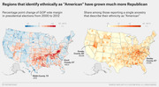 Two US county-level choropleth maps showing GOP vote margin change 2000-2012 and share identifying ethnicity as American, highlighting Appalachian regions.