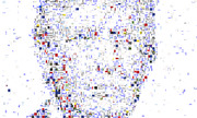 A mosaic portrait composed of tiny text fragments, images, and colored blocks arranged to form a human face silhouette.