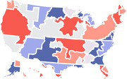 Cartogram of the United States with states sized by some metric and colored in shades of red and blue indicating political lean or election results.