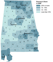 Choropleth map of Alabama counties showing Mitt Romney's share of the vote in 2008, with values ranging from less than 10% to 20% or more, and major cities labeled.