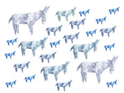 Multiple Democratic donkey symbols of varying sizes made from US currency paper, arranged on a white background in blue and gray tones.