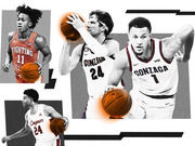 Editorial collage illustration of four college basketball players in action, featuring players from Gonzaga, Illinois Fighting Illini, and Houston Cougars.