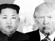 Black and white editorial illustration showing two political figures facing each other with an explosion cloud in the background.
