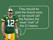 Editorial illustration of a Green Bay Packers player wearing jersey number 12 with a speech bubble calling the Packers the most meh of the 3-1 teams.