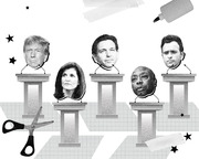 Black-and-white collage illustration of five political figures' heads placed on debate podiums, with scissors, glue, and stars as decorative elements.