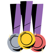 Stylized illustration of three Olympic medals — silver, gold, and bronze — with purple ribbons and sparkle accents.