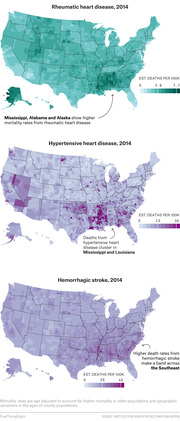 Three US county-level choropleth maps showing estimated deaths per 100k for rheumatic heart disease, hypertensive heart disease, and hemorrhagic stroke in 2014, with annotations highlighting regional clusters.
