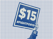 Blue-tinted editorial illustration of a hand holding a $15 minimum wage protest sign reading #FightFor15 against a grid paper background.