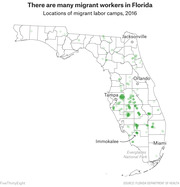 Map of Florida showing locations of migrant labor camps in 2016 as green circles, with concentrations near Tampa, Immokalee, and south Florida.