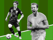 Black and white cutout photos of two soccer players on a green striped and grid background, one wearing number 10 and one wearing number 9.