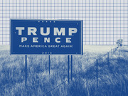 Blue-tinted editorial photo illustration of a Trump Pence 2016 campaign billboard in a rural field, overlaid with a grid pattern.