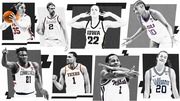 Collage of eight college basketball players in black-and-white editorial style, representing teams including Iowa, Texas, Connecticut, Villanova, LSU, Gonzaga, Utah, and Kansas State.