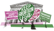 Editorial collage illustration showing hands holding opposing abortion protest signs in front of the Supreme Court building, with pink and green color accents.