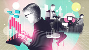 Colorful collage editorial illustration showing people working with technology, surrounded by abstract data visualization elements like bar charts, arrows, and geometric shapes.