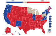 US Electoral College map showing Clinton with 203 electoral votes, Trump with 279, and 56 toss-up, with states colored blue, red, or gray accordingly.