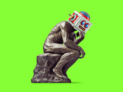 Editorial illustration of Rodin's The Thinker statue with a colorful toy robot head, set against a bright green background, symbolizing artificial intelligence.