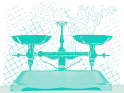 Teal-tinted editorial illustration of a balance scale with decorative geometric and topographic line patterns in the background.