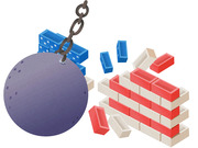 Editorial illustration of a wrecking ball demolishing a wall made of red, white, and blue American flag-patterned bricks.