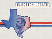 Editorial illustration showing a man's face overlaid on the state of Texas silhouette in blue and red, with an Election Update banner at the top.