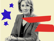 Editorial illustration of a woman in a blazer overlaid with bold red graphic stripes and blue stars on a cream background.