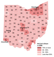 Choropleth map of Ohio counties showing McCain's vote share in 2008, with darker shading for higher percentages and city labels for Cleveland, Columbus, Dayton, and Cincinnati.