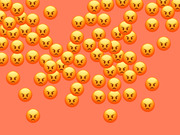 Decorative editorial illustration showing many angry face emojis scattered across an orange background.