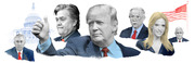 Editorial illustration showing Donald Trump at center surrounded by members of his administration including Steve Bannon, Jeff Sessions, Kellyanne Conway, Mike Pence, and Rex Tillerson, with the US Capitol and American flag in the background.