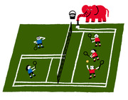 Whimsical cartoon illustration of a tennis court with players in blue and red and a large red elephant painting the court lines with a brush and bucket.