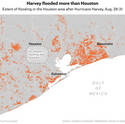 Map showing the extent of flooding in the Houston area after Hurricane Harvey, Aug. 28-31, with flooded areas marked in orange across the Gulf Coast region.