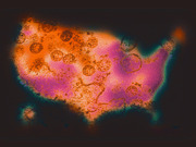 Artistic illustration of the United States map shape overlaid with coronavirus particle imagery in orange and pink tones on a dark background.