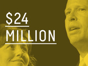 Editorial infographic displaying $24 Million in large white text over a yellow-tinted photo of two political figures.
