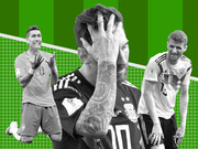 Editorial collage of three black-and-white soccer players in distress poses against a green soccer-pitch grid background, featuring jerseys from Brazil, Argentina, and Germany.